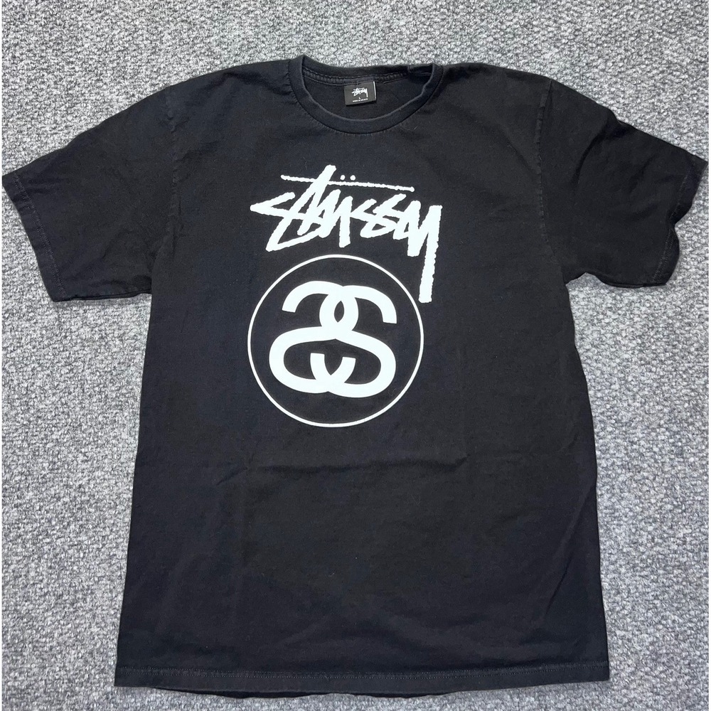 Stussy Men's‎ Black Logo Graphic Cotton Knit Short Sleeve T-Shirt Crew Neck L